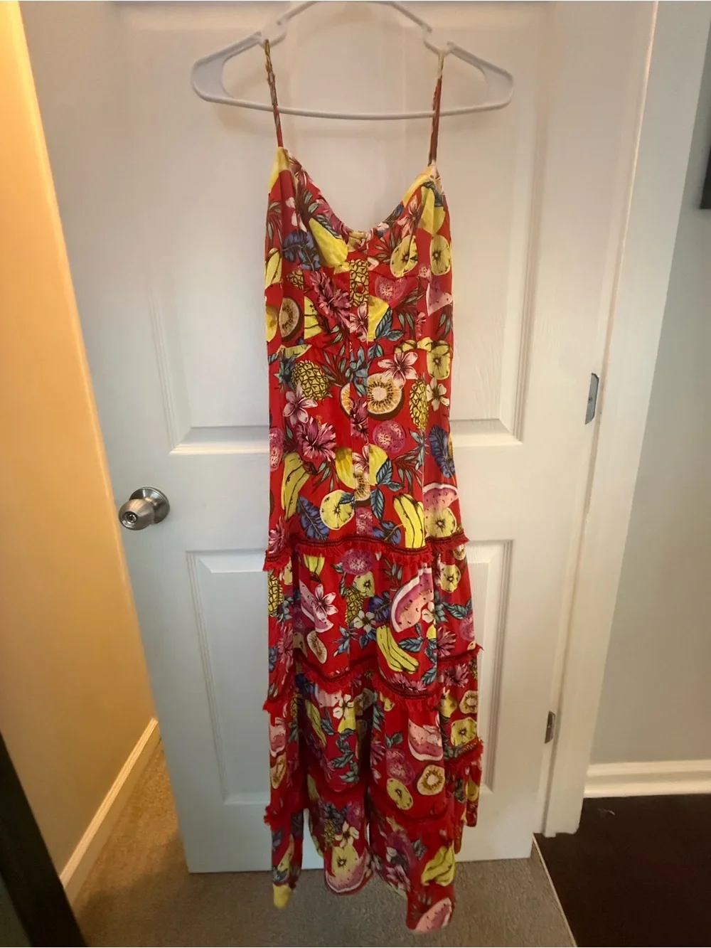 Aqua Red Tropical Fruit Tiered Maxi Dress
